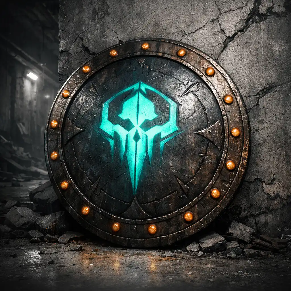 Tarcza Starożytnych: epicki relikt obronny z ciemnego metalu z cyjanowym emblematem i bursztynowymi nitami